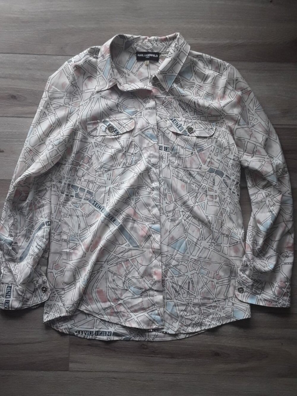 Karl Lagerfeld Paris Map‑Print Button‑Up Shirt – Size S – Designer Unisex